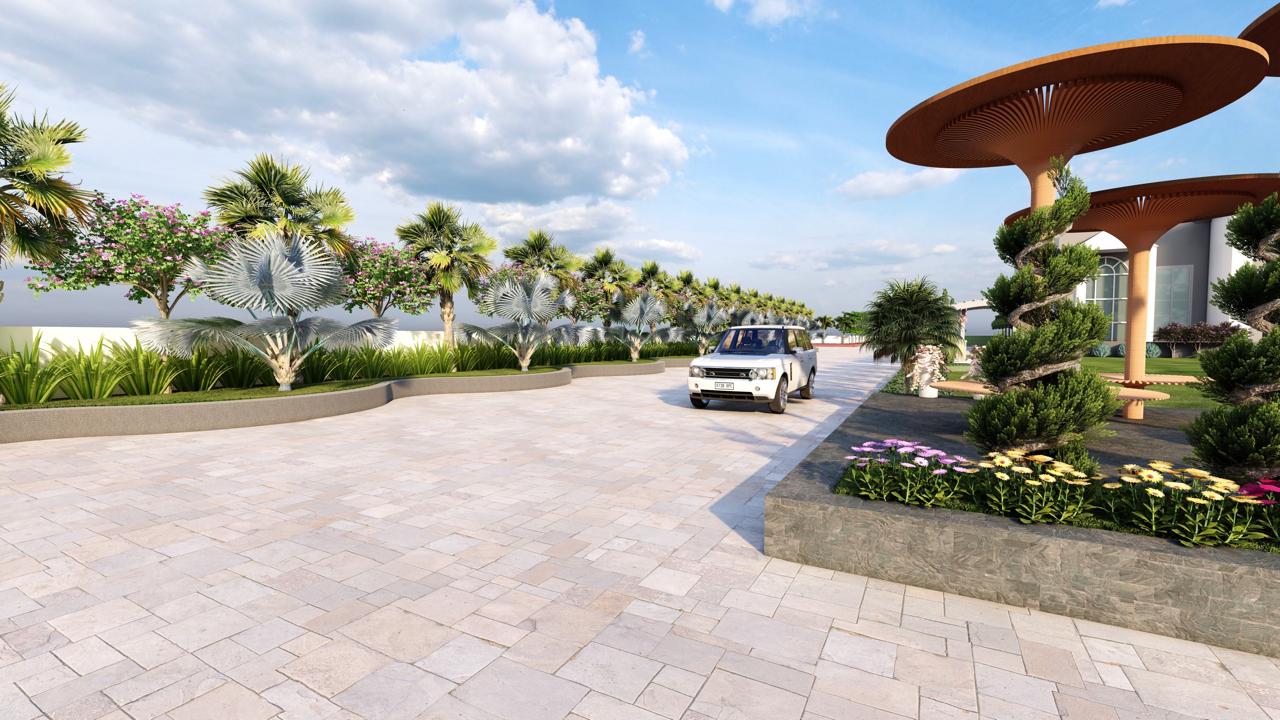 Grand driveway entrance with landscaped arrival experience