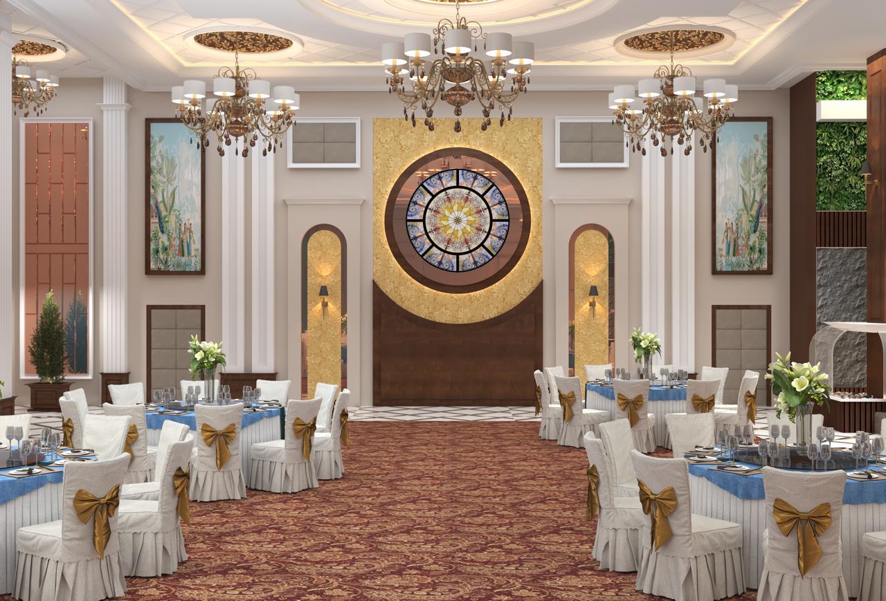 Grand banquet hall with chandeliers and luxe decor