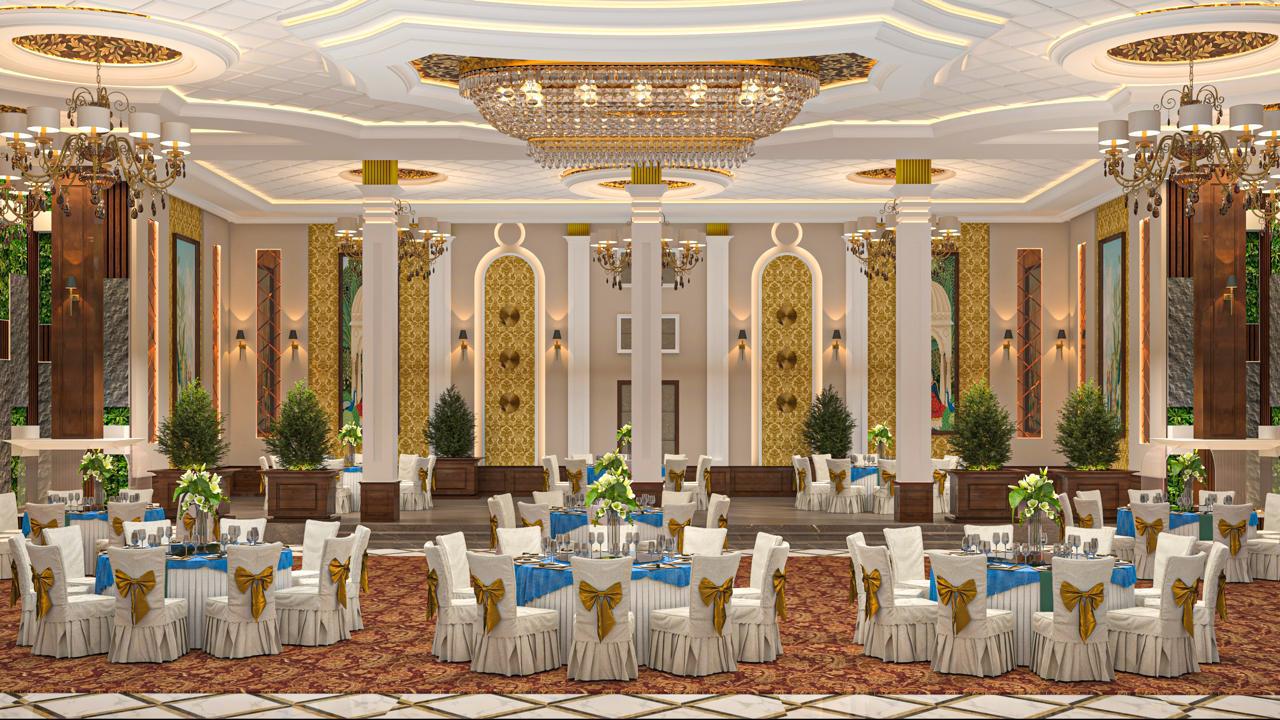 Ornate hall with central chandelier and gold accents