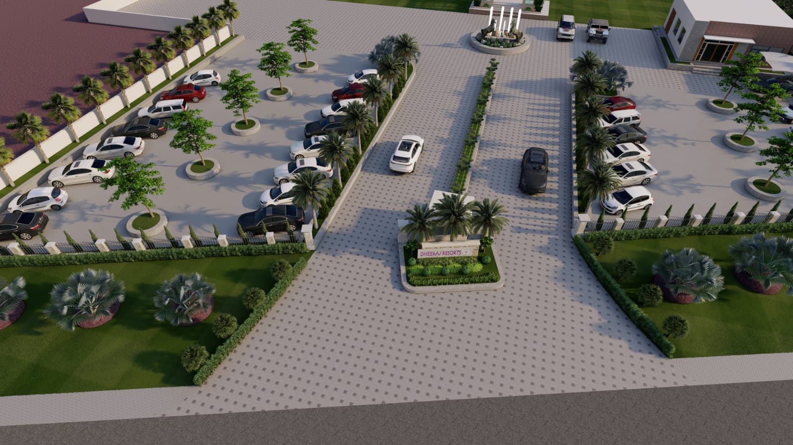 Aerial view of spacious guest parking at The Grand Mansion